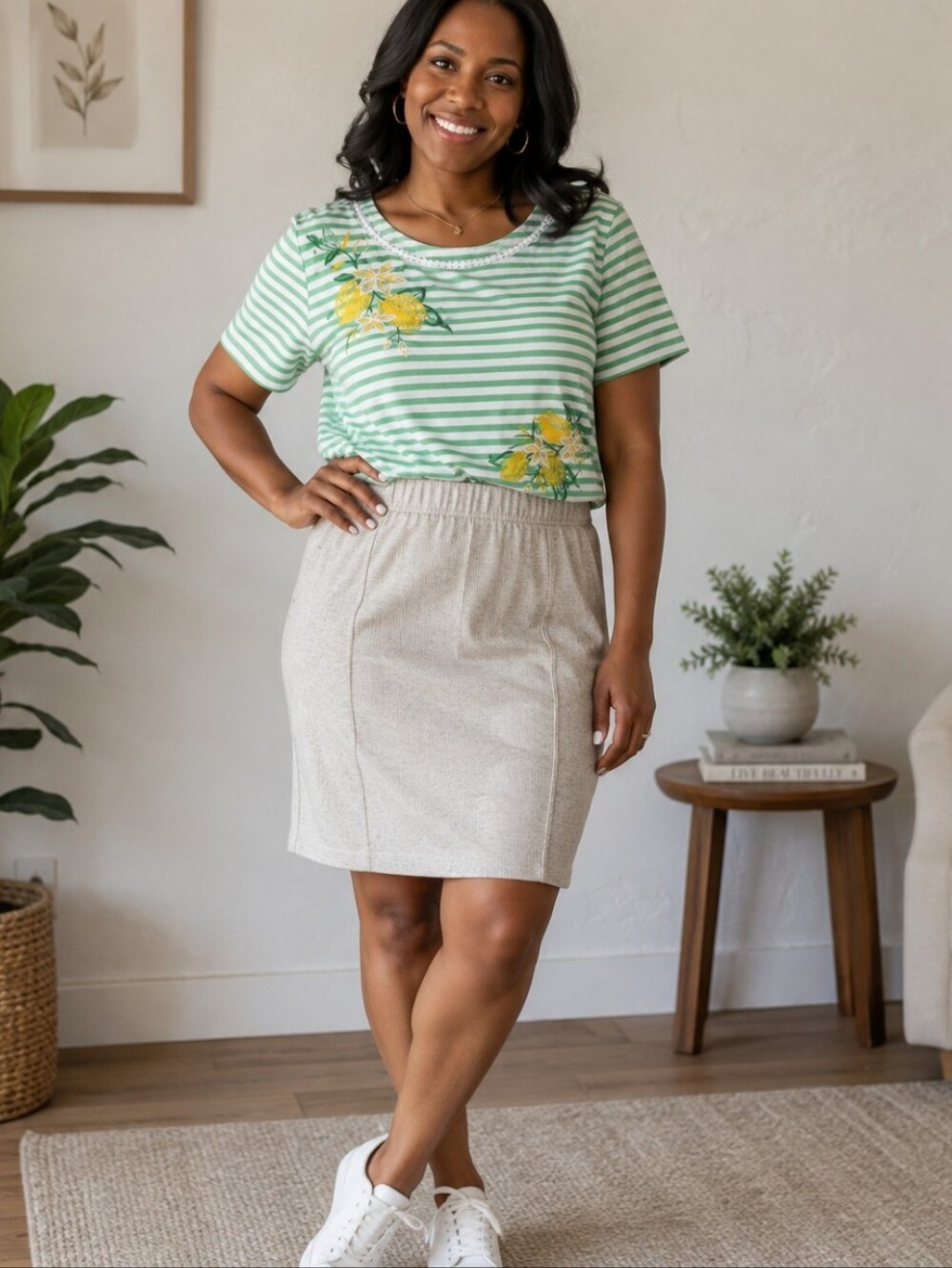 Alfred Dunner Women's Green and White Striped Short-Sleeve Top with Lemon Motif